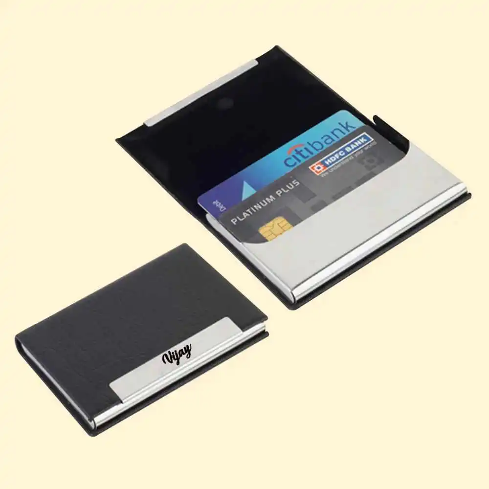 Personalized Synthethic Black and Silver Visiting Card Holder